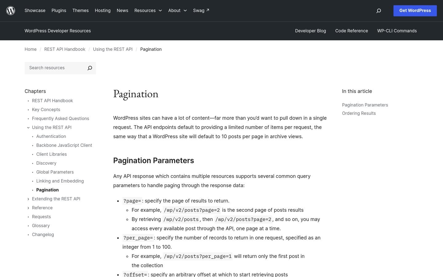 WordPress REST API handbook pagination page documenting per_page limits and the X-WP-Total and X-WP-TotalPages headers