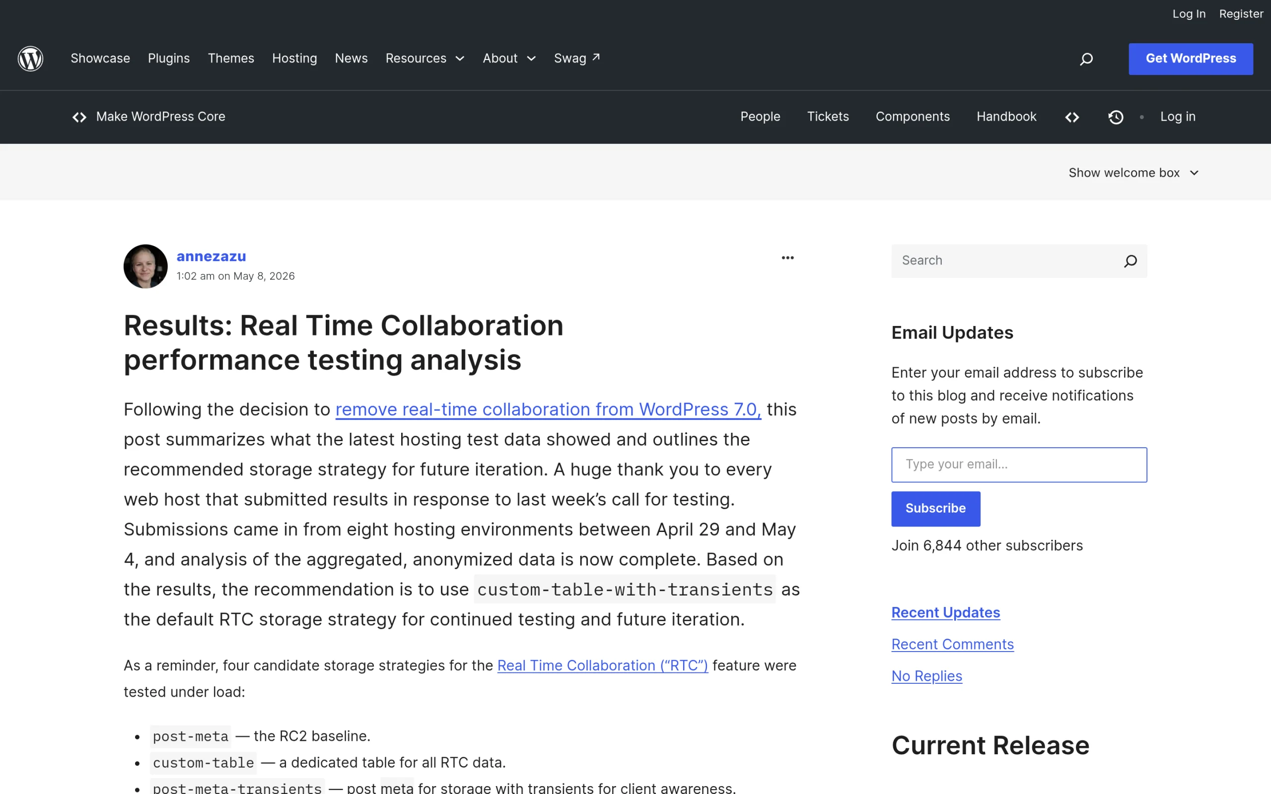 Results post for Real Time Collaboration performance testing recommending custom-table-with-transients storage