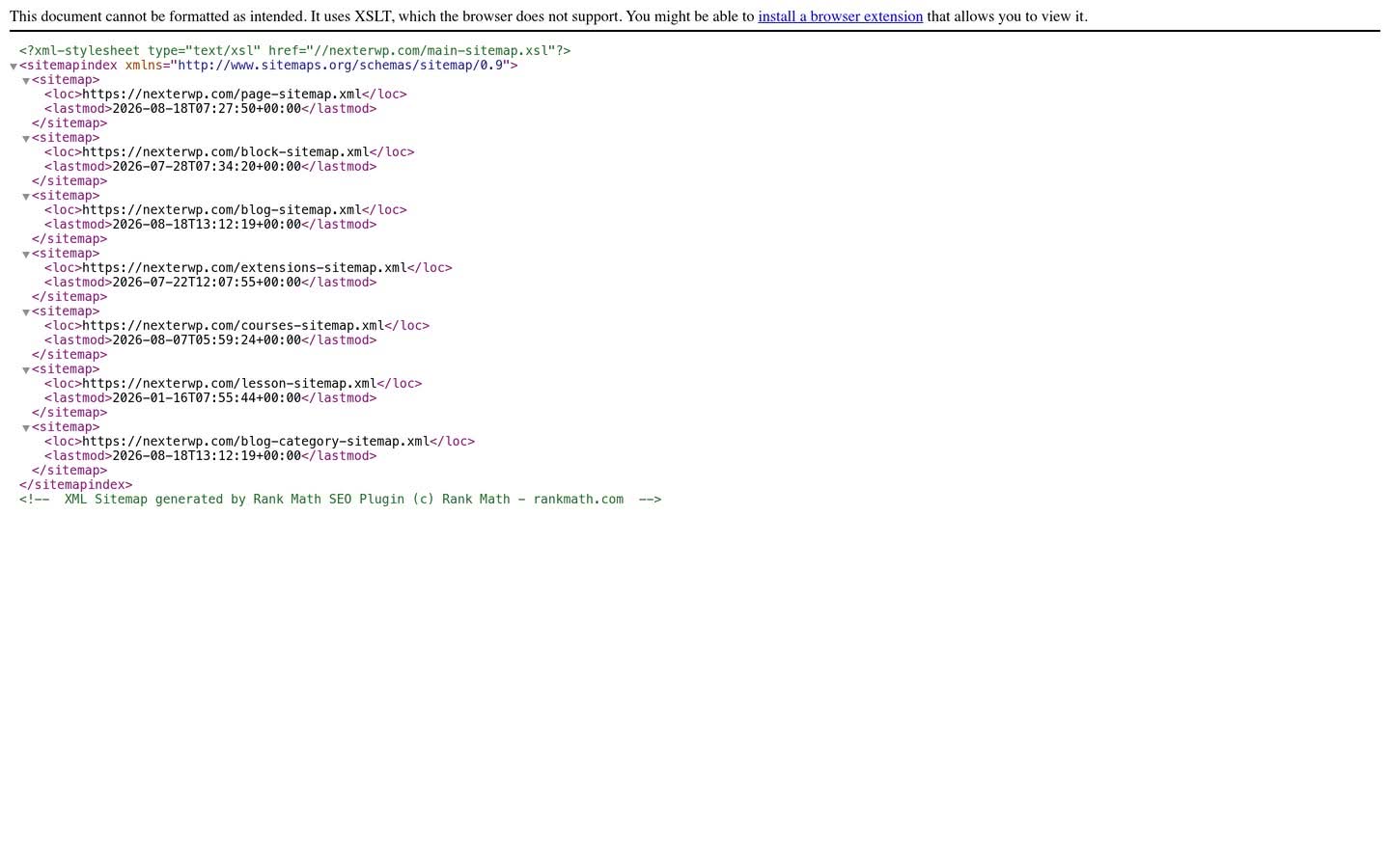 The live sitemap index on nexterwp.com listing seven child sitemaps including page, block, blog and blog-category