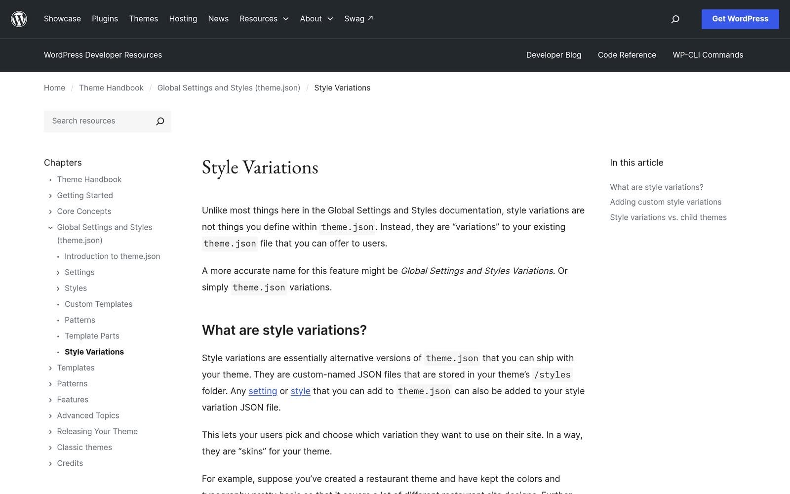 The WordPress Theme Handbook page documenting style variations for block themes