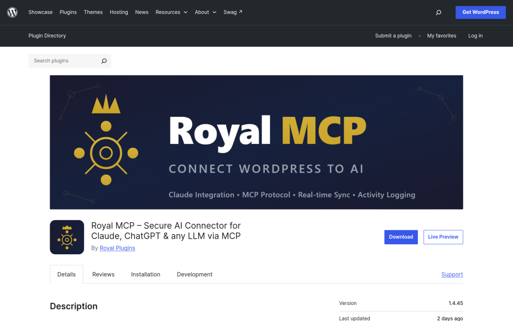 Royal MCP plugin listing on WordPress.org for connecting WordPress to Claude, ChatGPT and any LLM via MCP