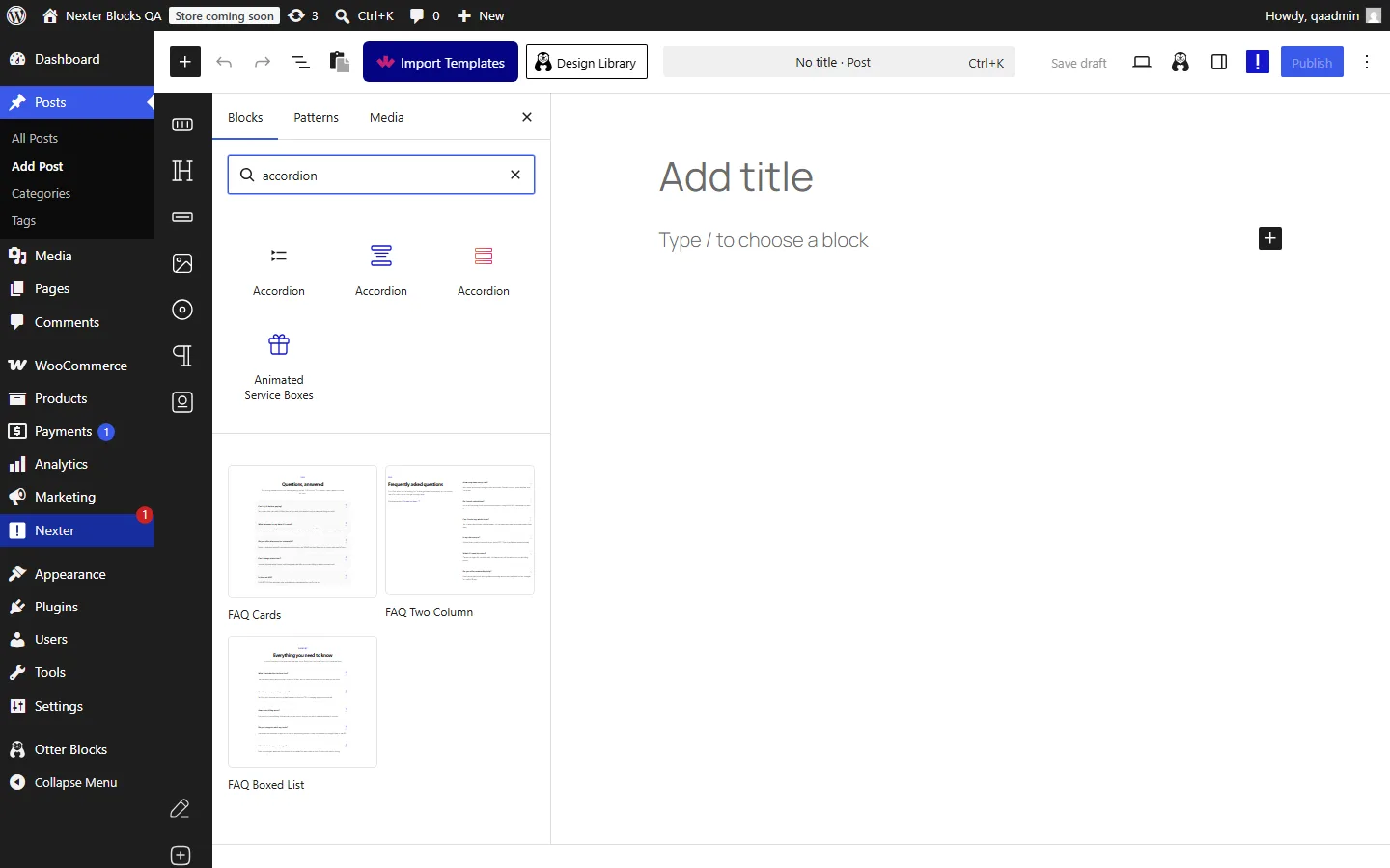 Block inserter search for accordion in the WordPress editor showing the core, Nexter and Otter Accordion blocks