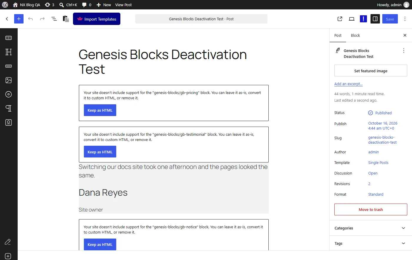 Block editor showing a message that the site does not include support for the genesis-blocks gb-pricing block with a Keep as HTML button