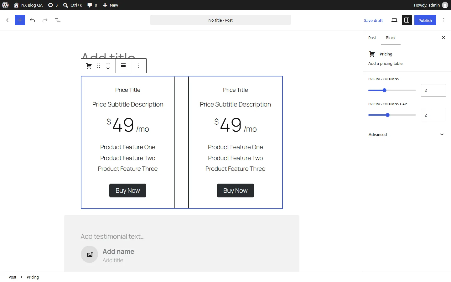 Genesis Blocks Pricing block selected in the WordPress block editor with pricing columns and gap controls in the sidebar