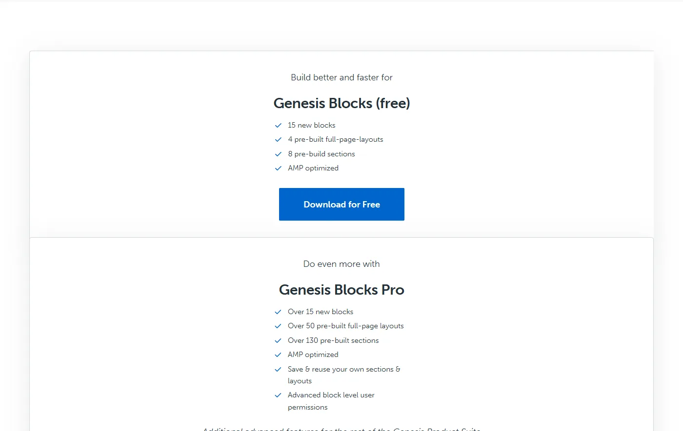 StudioPress Genesis Blocks page comparing the free plugin with Genesis Blocks Pro
