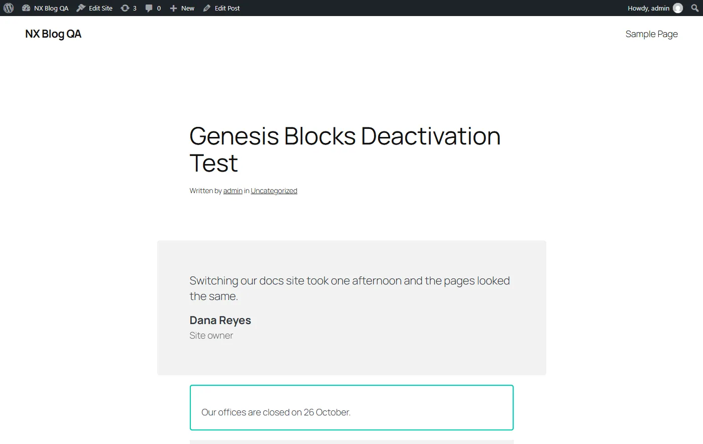 Front end of a test post with Genesis Blocks active showing a styled testimonial card and a notice with a teal border