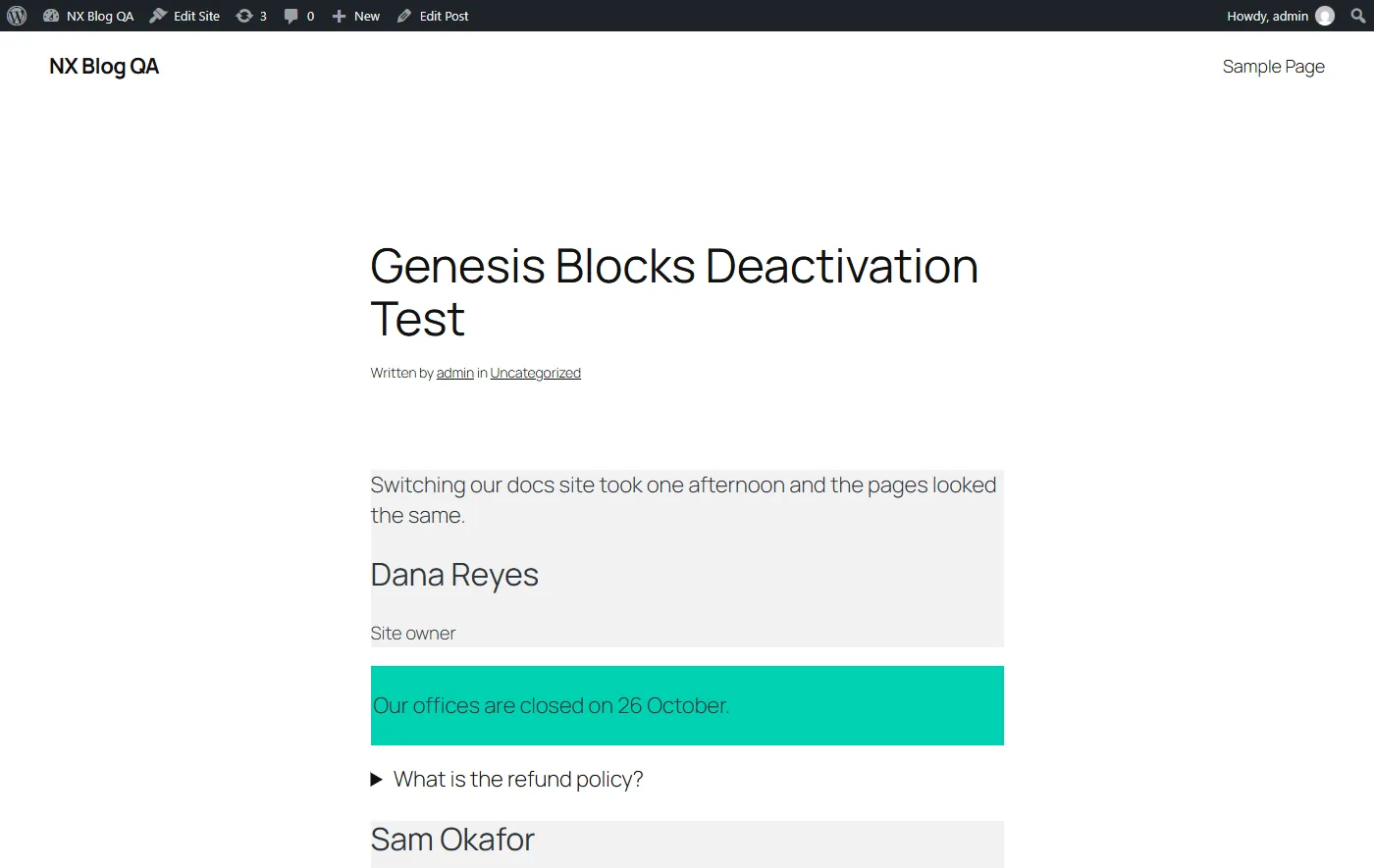 Front end of the same test post after deactivating Genesis Blocks, with the card padding and notice border gone