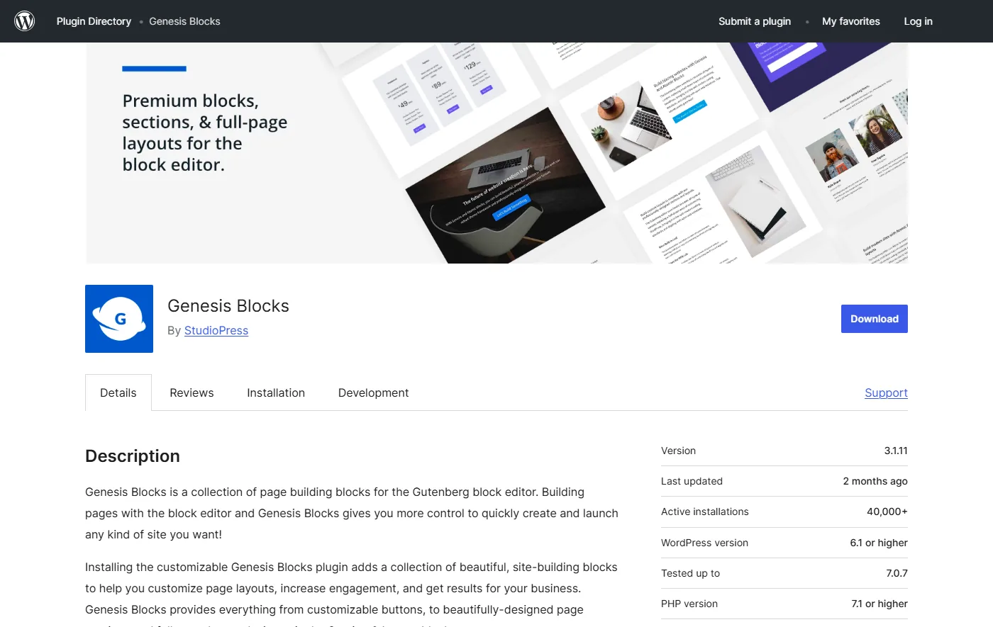 Genesis Blocks plugin page on WordPress.org showing version 3.1.11, last updated 2 months ago and 40,000+ active installations