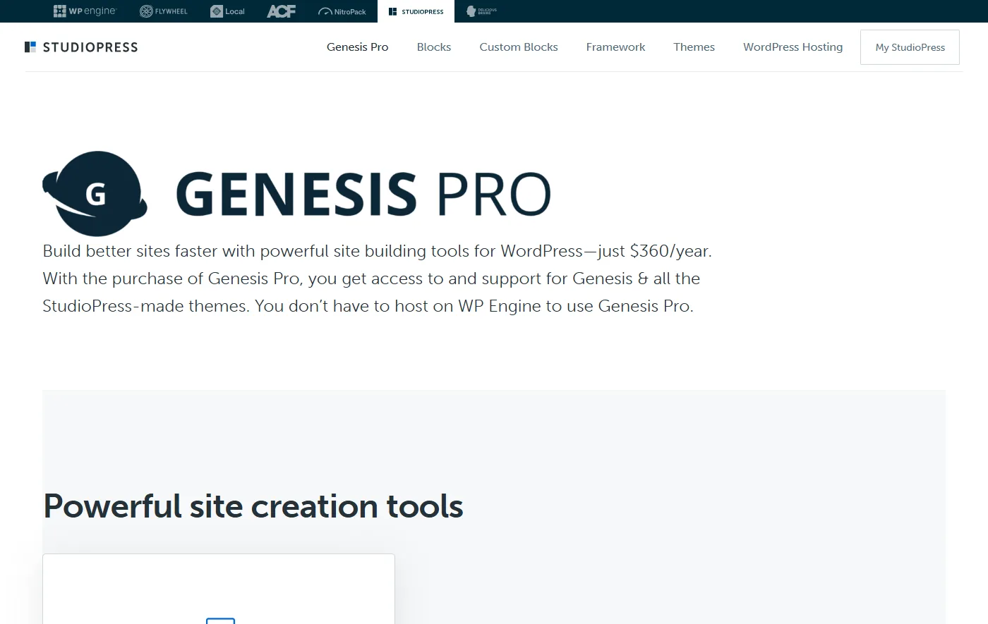 StudioPress Genesis Pro page stating the price as 360 dollars per year