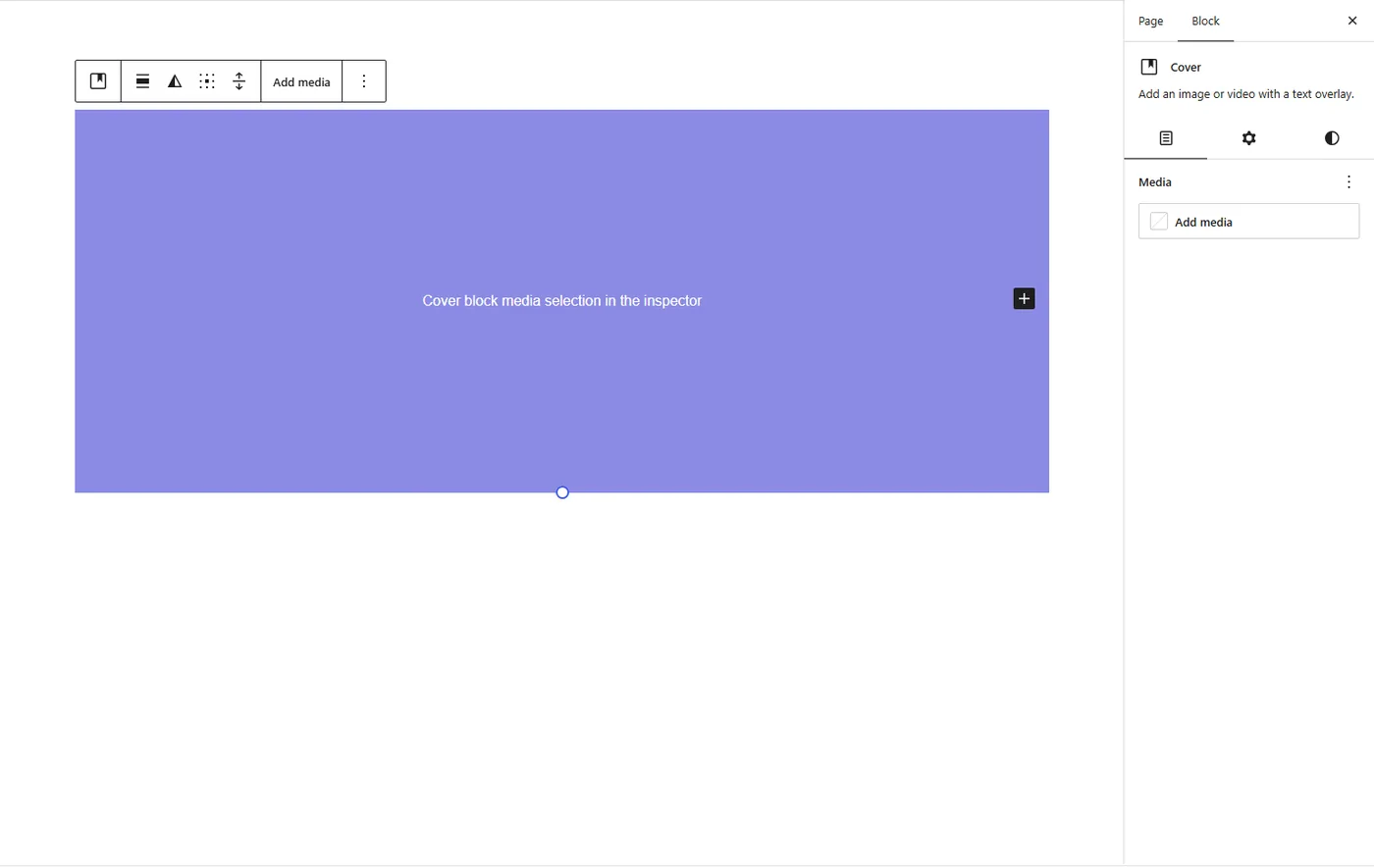 Gutenberg 24.1 Cover block inspector with a Media panel and Add media button