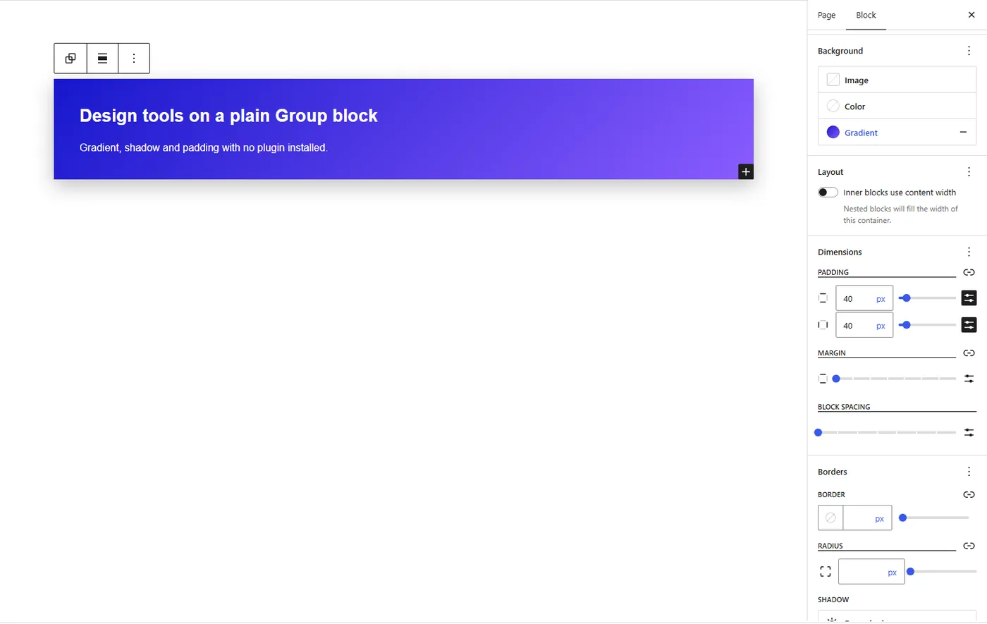 Gutenberg 24.1 Styles tab for a Group block showing Background, Dimensions, Borders and Shadow controls