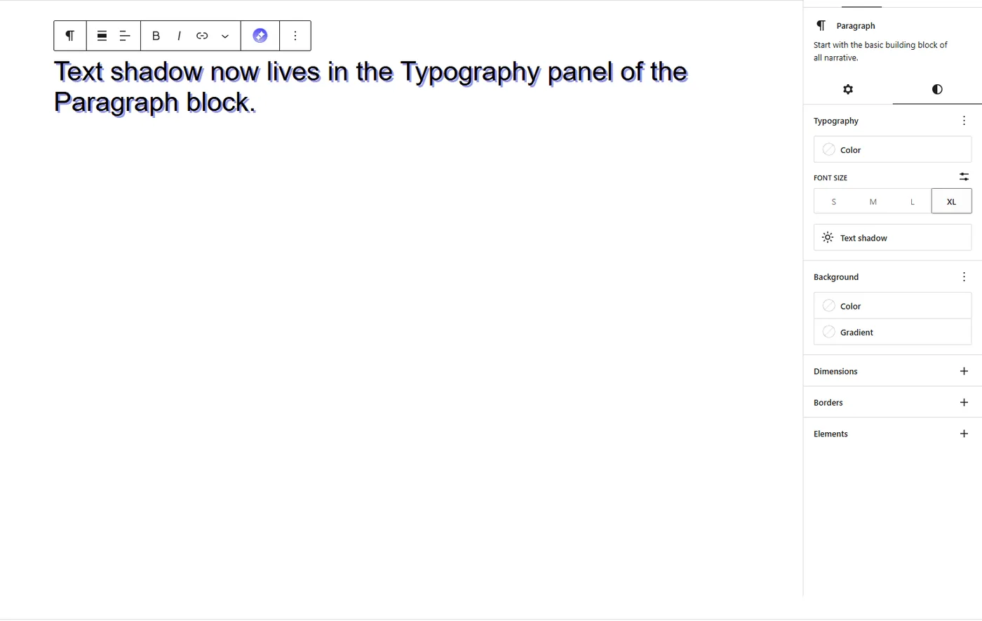 Gutenberg 24.1 Typography panel on a Paragraph block with the new Text shadow control