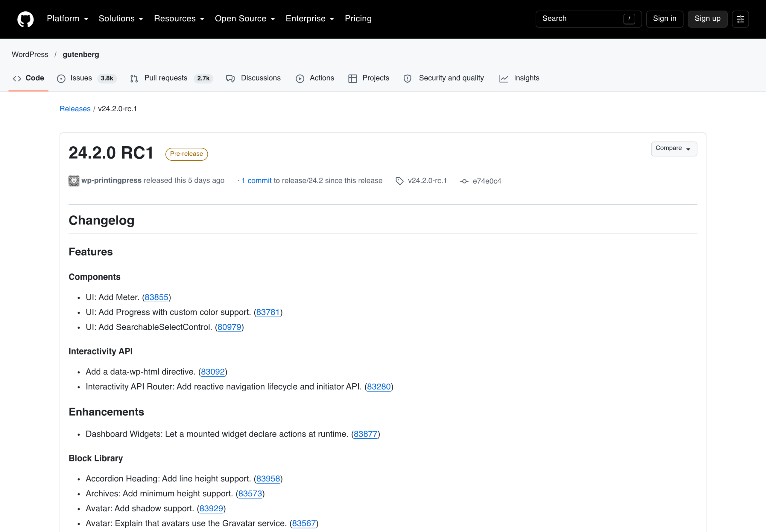 Gutenberg 24.2.0 RC1 pre-release page on GitHub showing the Changelog with Features and Block Library entries