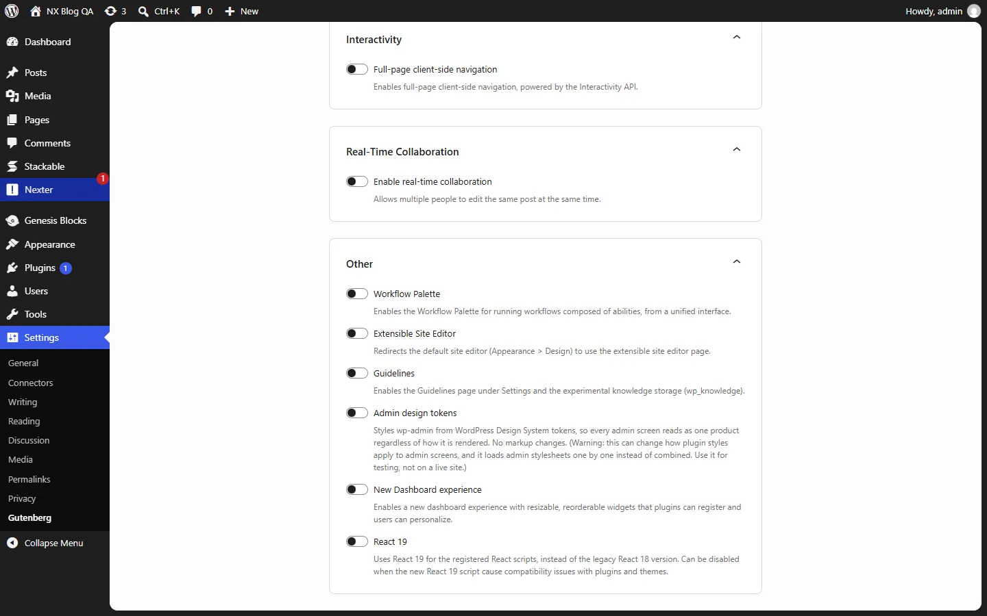 Gutenberg Experiments screen with the React 19 toggle switched off while Stackable is active