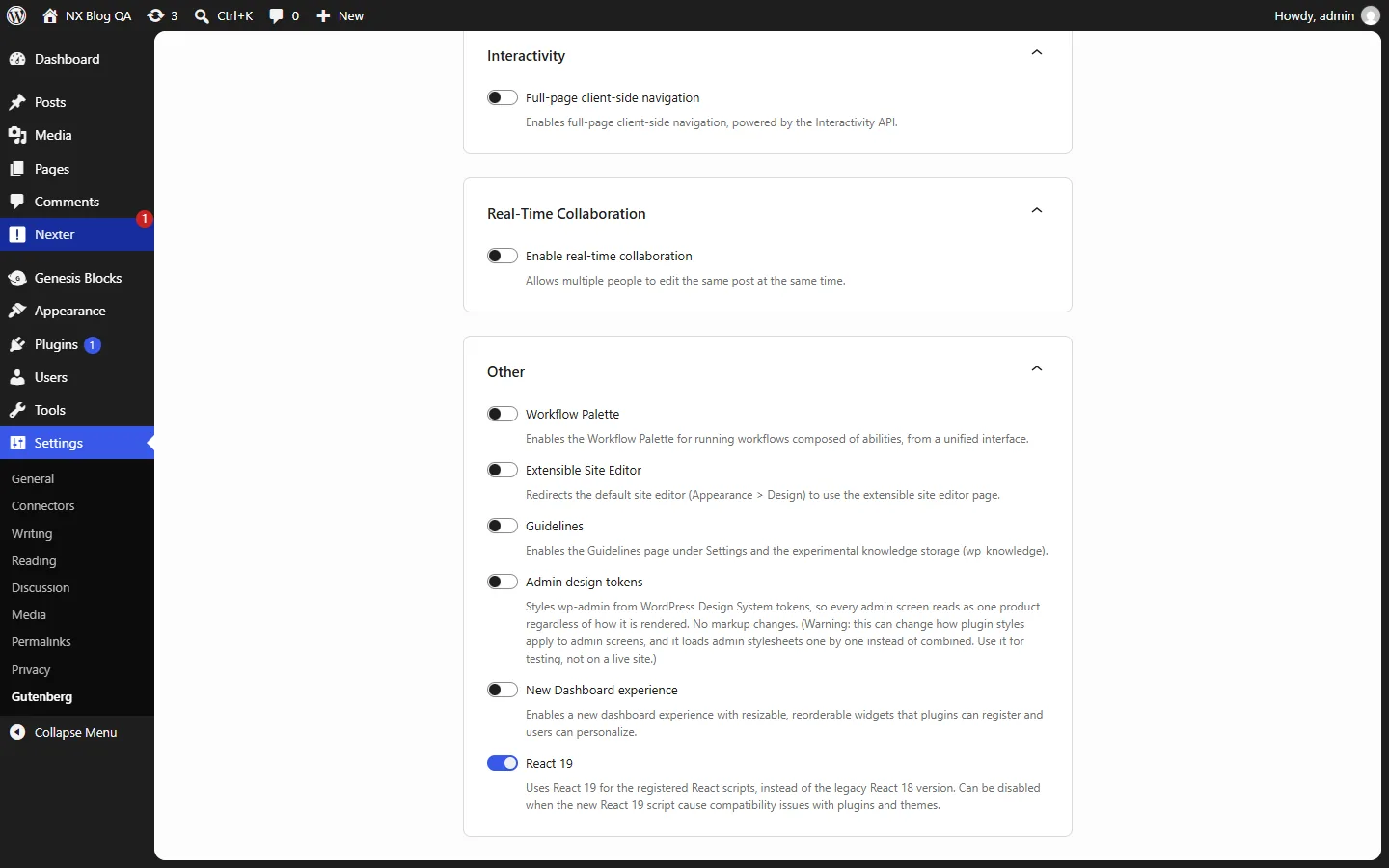 Gutenberg Experiments screen with the React 19 toggle switched on in the Other section
