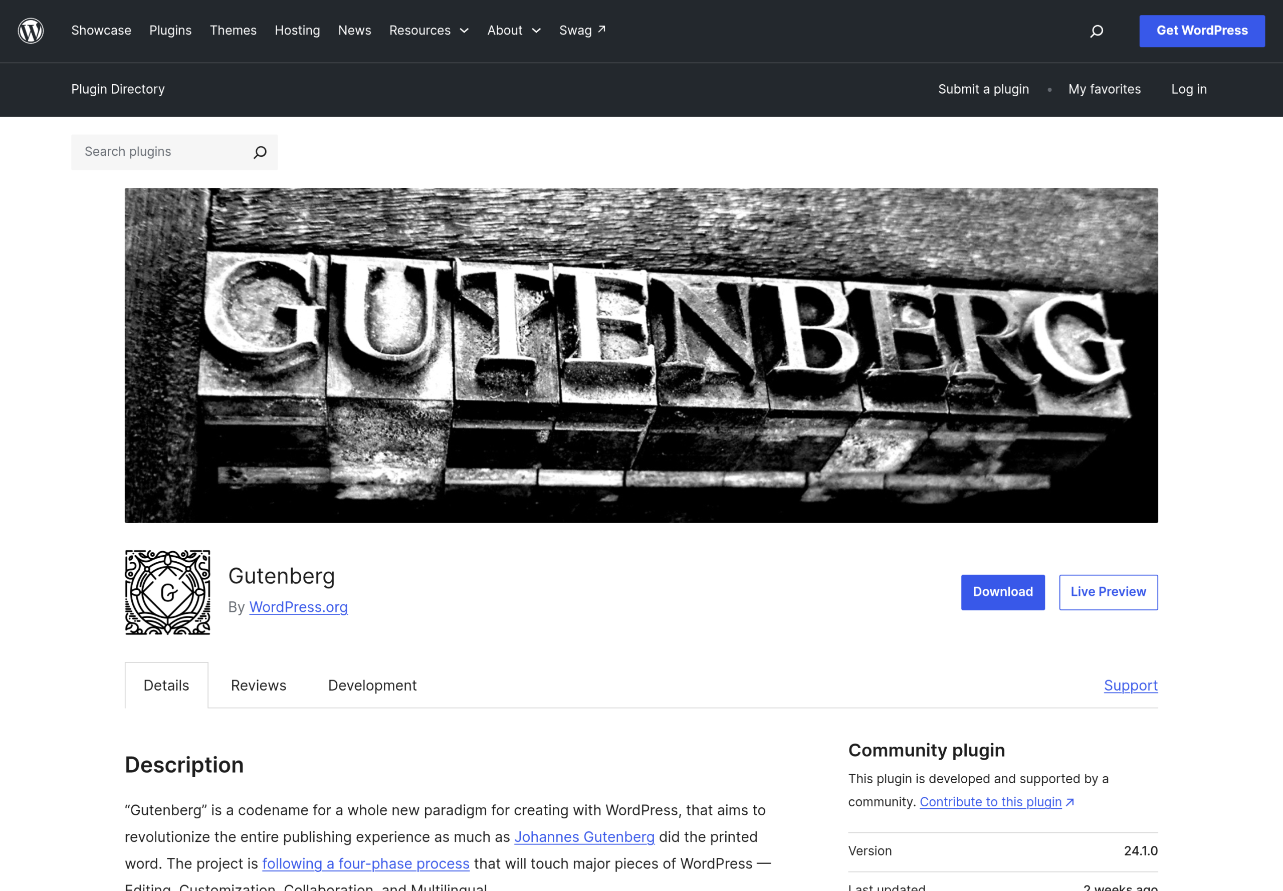 Gutenberg plugin page on WordPress.org listing version 24.1.0 as the current stable release