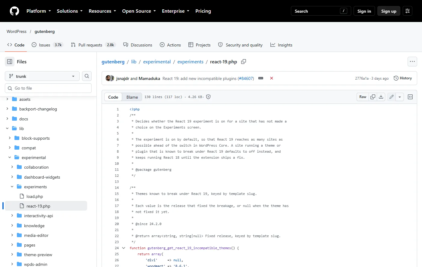 GitHub view of react-19.php in the Gutenberg repository showing the list of themes known to break under React 19