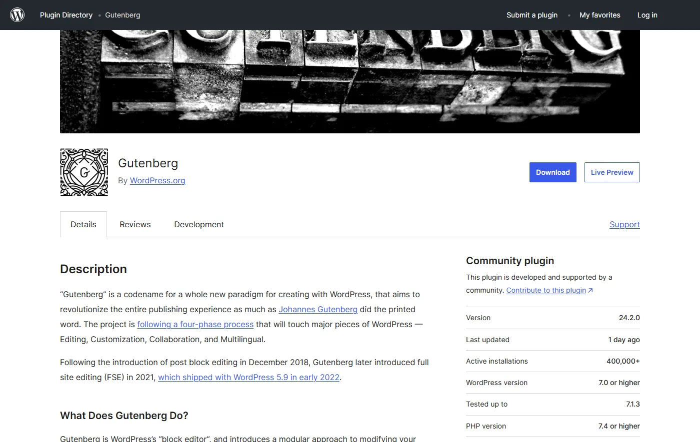 Gutenberg plugin page on WordPress.org showing version 24.2.0, updated 1 day ago, with 400,000+ active installations