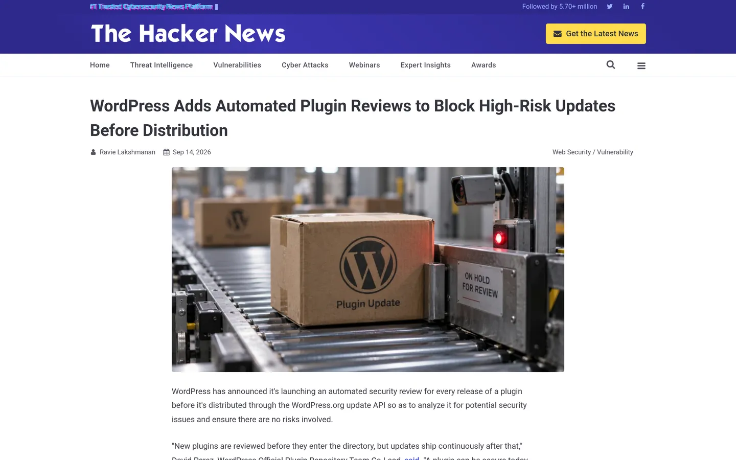 The Hacker News article on WordPress adding automated plugin reviews to block high-risk updates