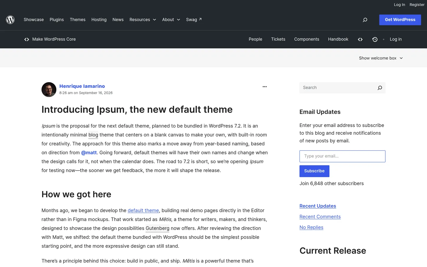 Make WordPress Core post introducing Ipsum, the new default theme