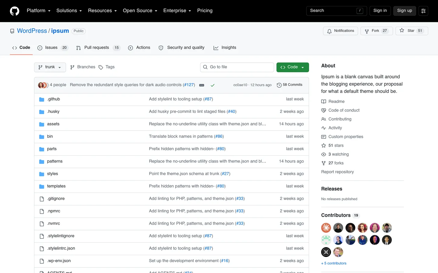 Ipsum theme repository on GitHub under the WordPress organisation