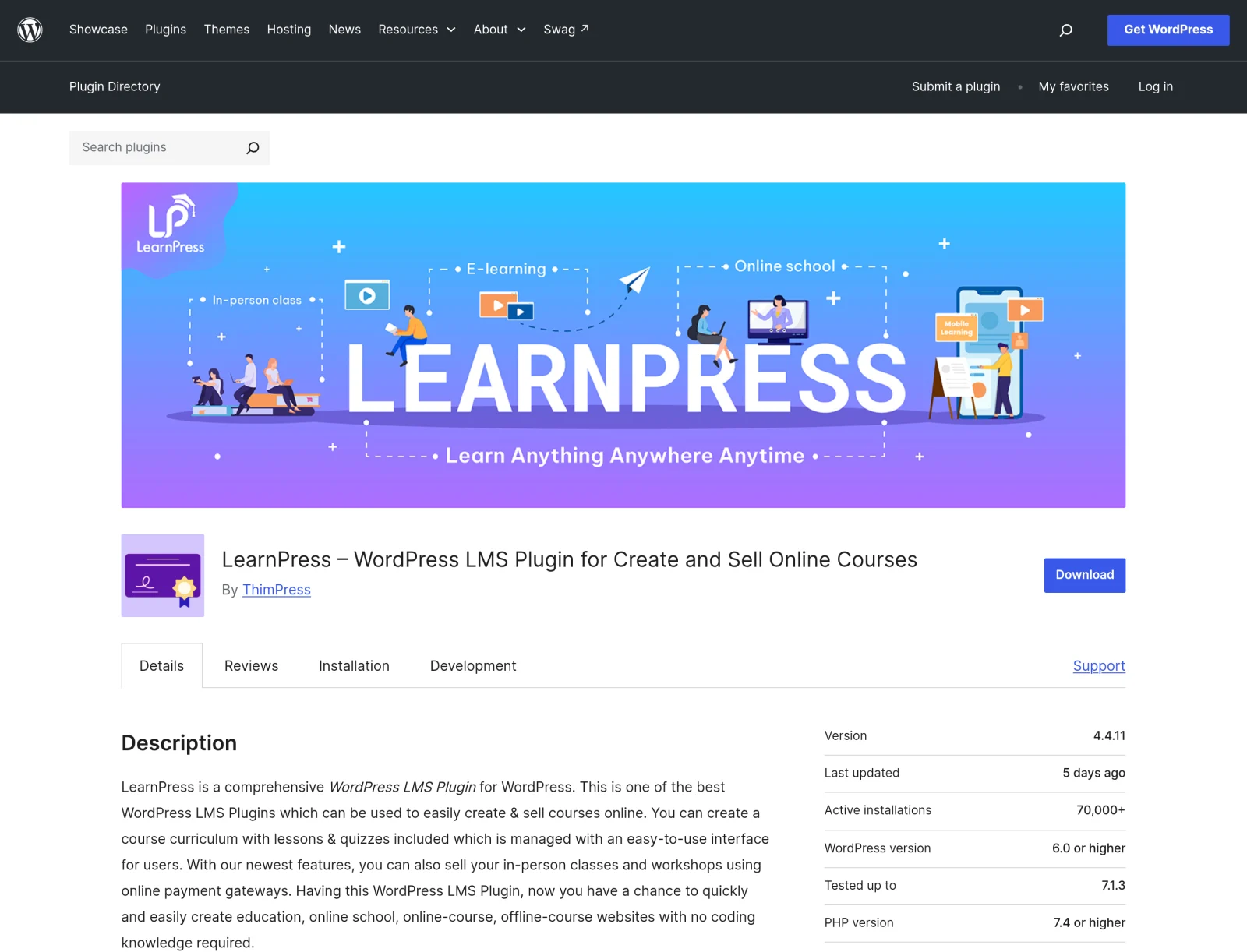 LearnPress plugin page on WordPress.org showing version 4.4.11
