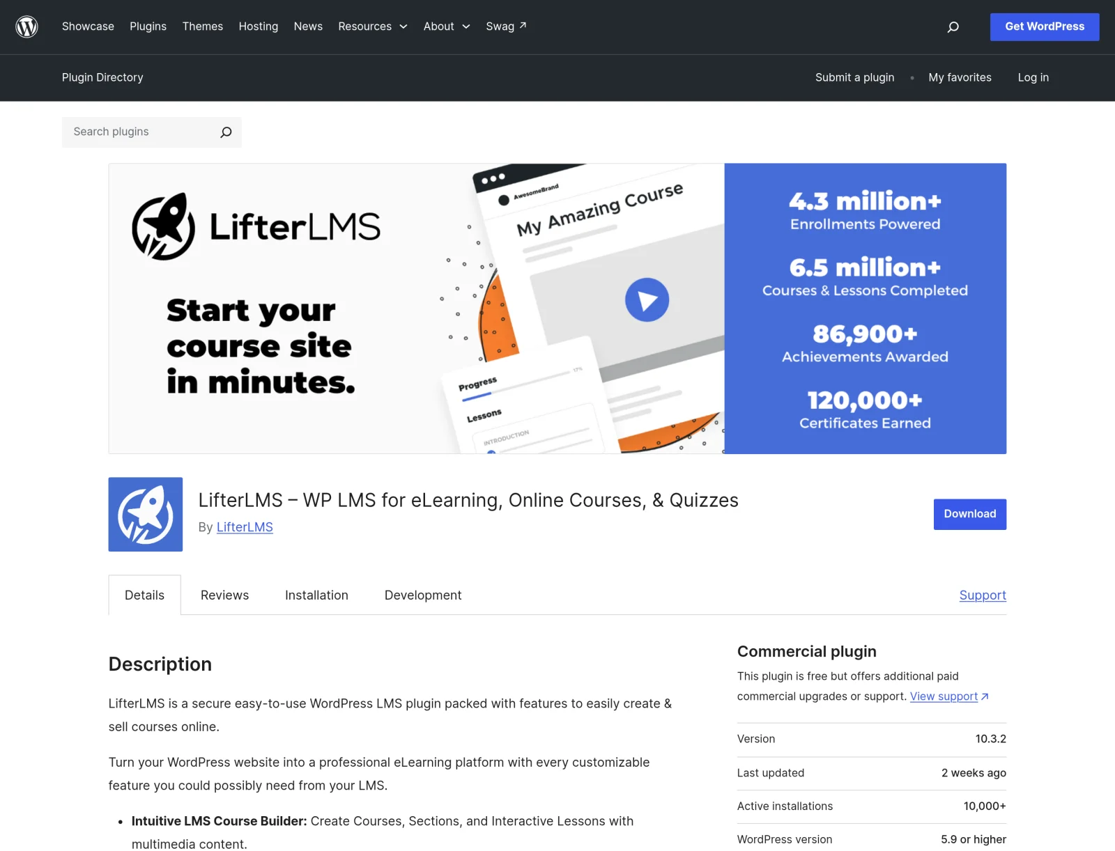 LifterLMS plugin page on WordPress.org showing version 10.3.2