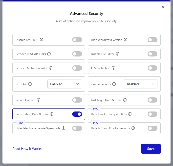 Advanced Security dialog in Nexter Extension with the Registration Date and Time switch enabled