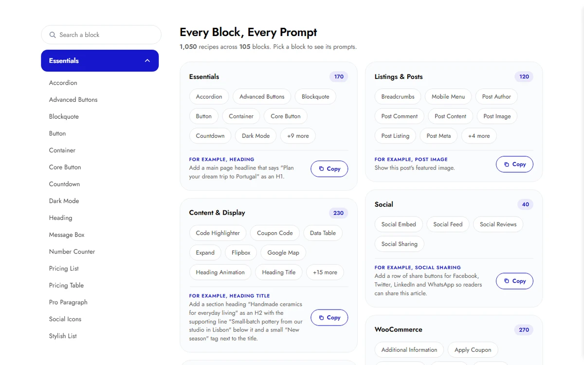 Nexter Block Recipes library listing 1,050 recipes across 105 blocks by category