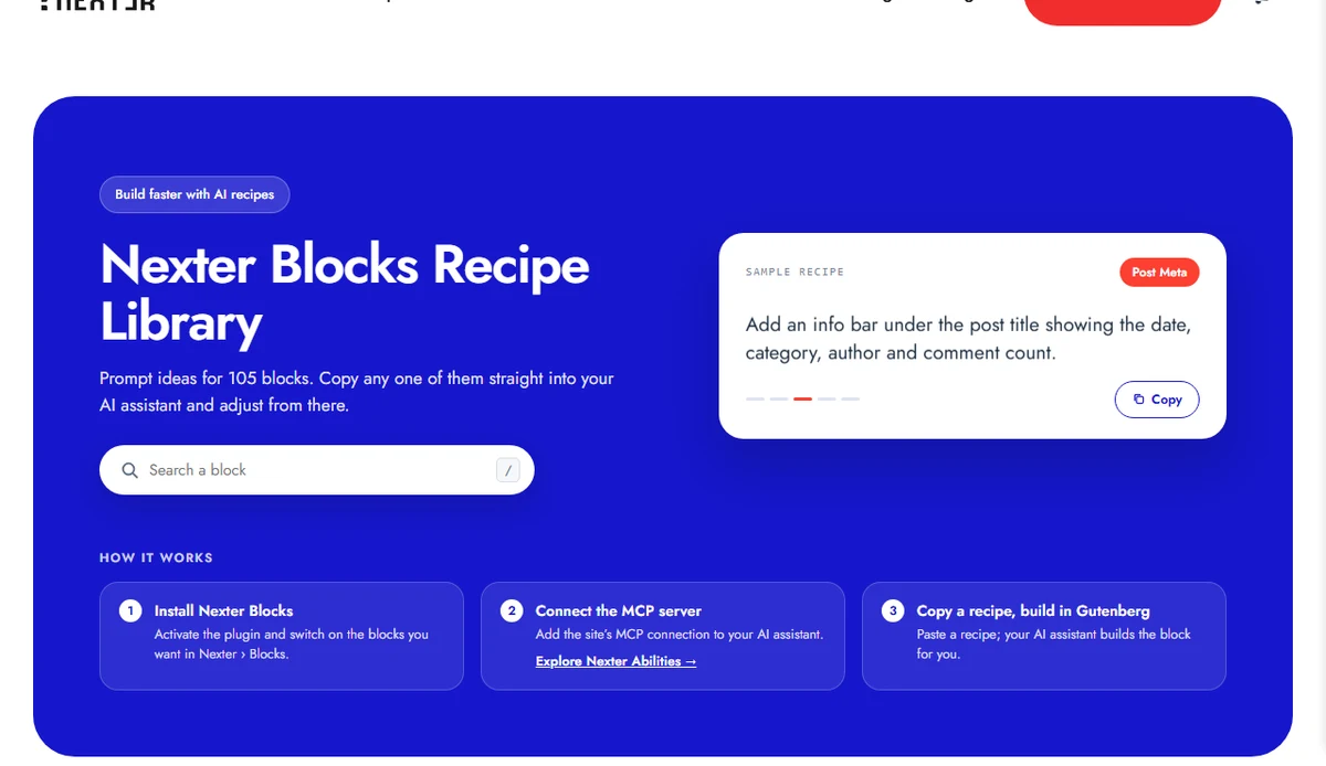 Nexter Blocks Recipe Library page with a sample recipe and the three-step How it works row