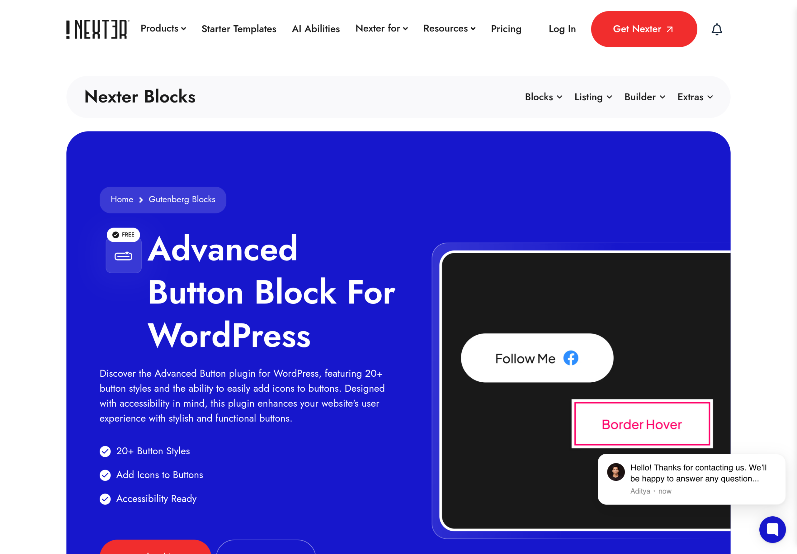 Nexter Blocks Advanced Button block page listing 20+ button styles, icons on buttons and accessibility ready