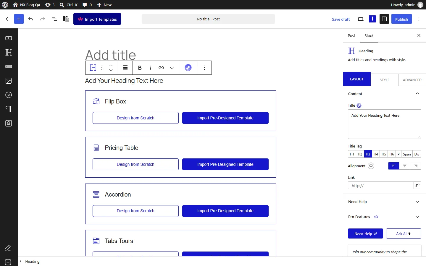 Block editor on React 19.3.0 with a Nexter Blocks heading block selected and Layout, Style and Advanced tabs in the sidebar