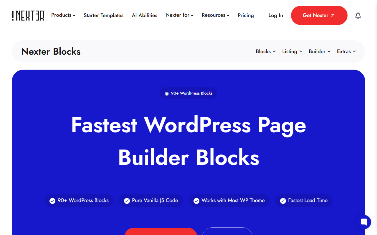 Nexter Blocks page showing 90+ WordPress blocks