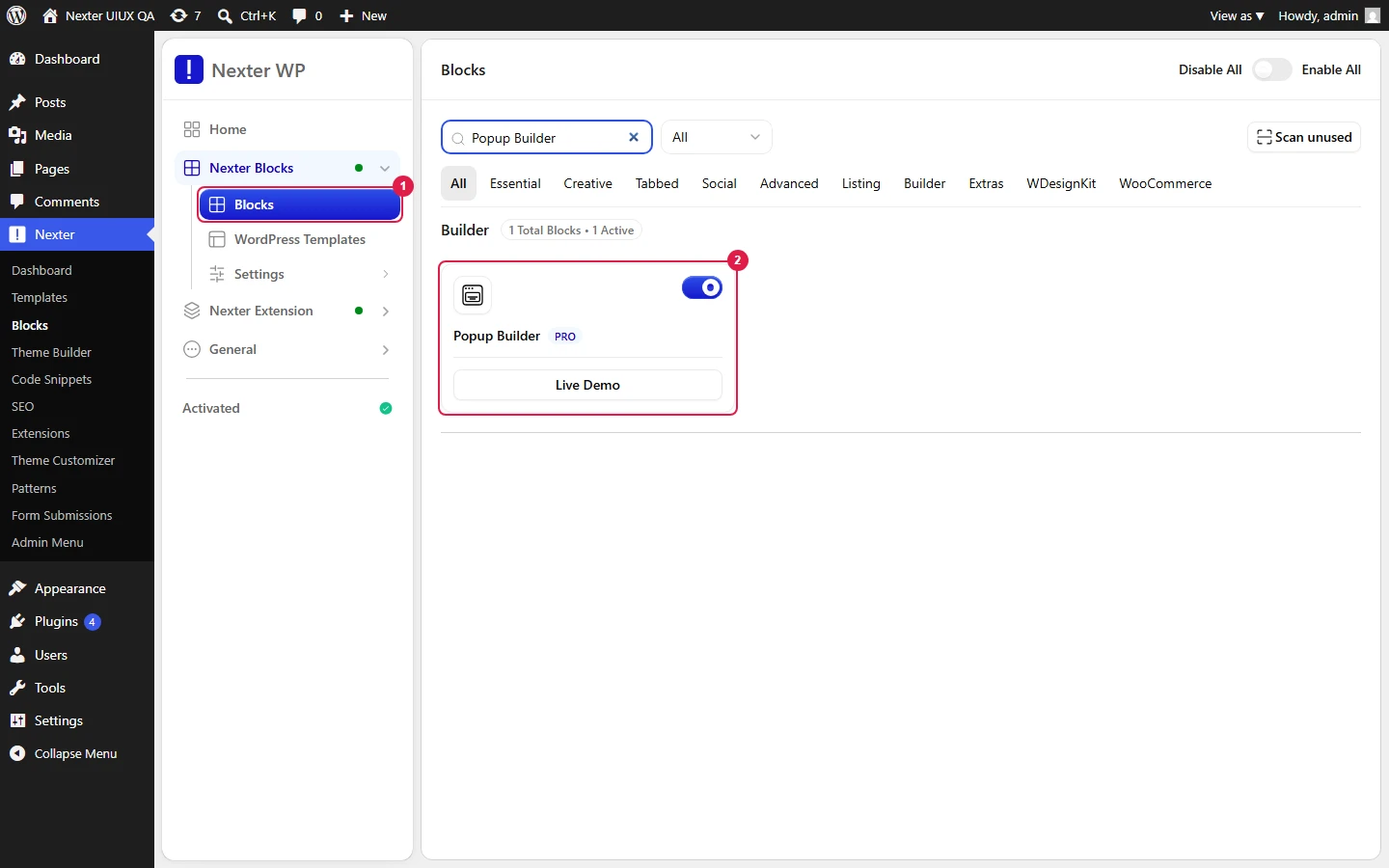 Nexter Blocks screen with the Popup Builder block turned on and outlined in the Blocks list