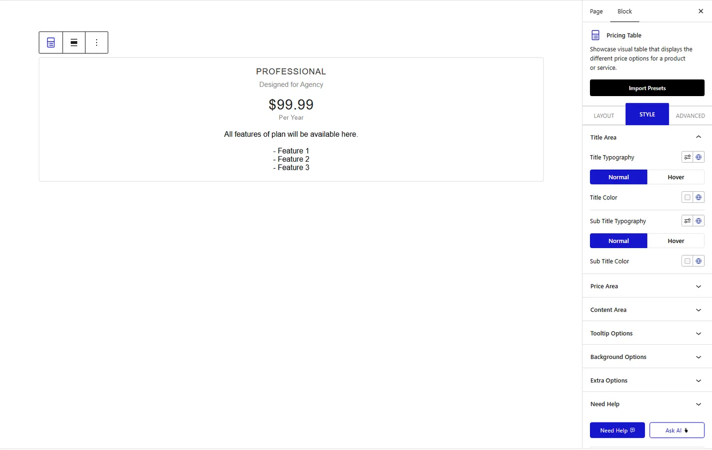 Nexter Blocks Pricing Table block in the editor with Style tab showing title, price and content area panels