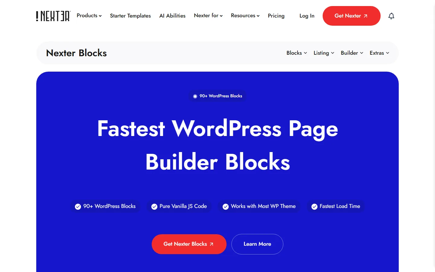 Nexter Blocks product page showing 90+ WordPress blocks and pure vanilla JS