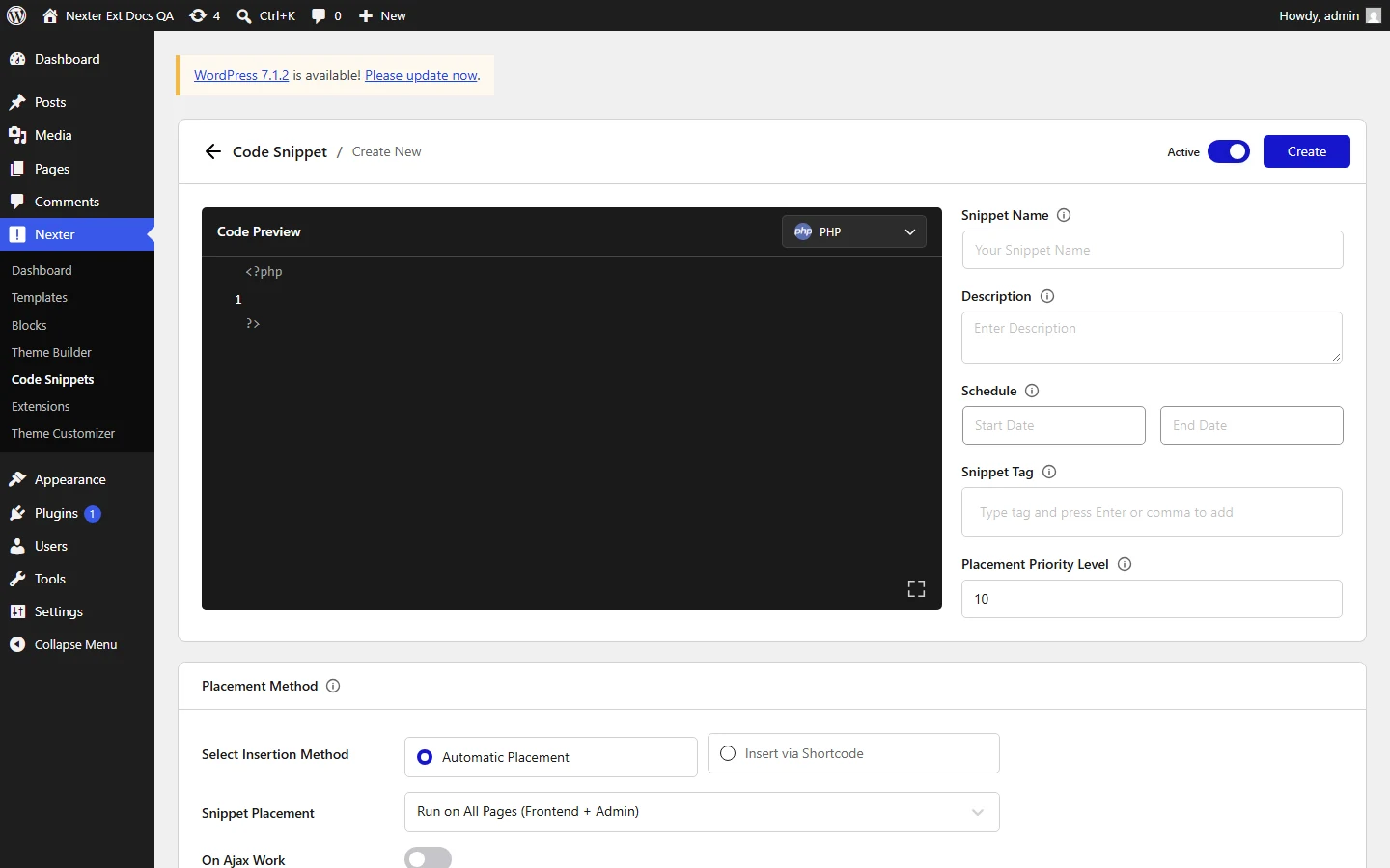 Blank Add New Snippet editor in Nexter Code Snippets