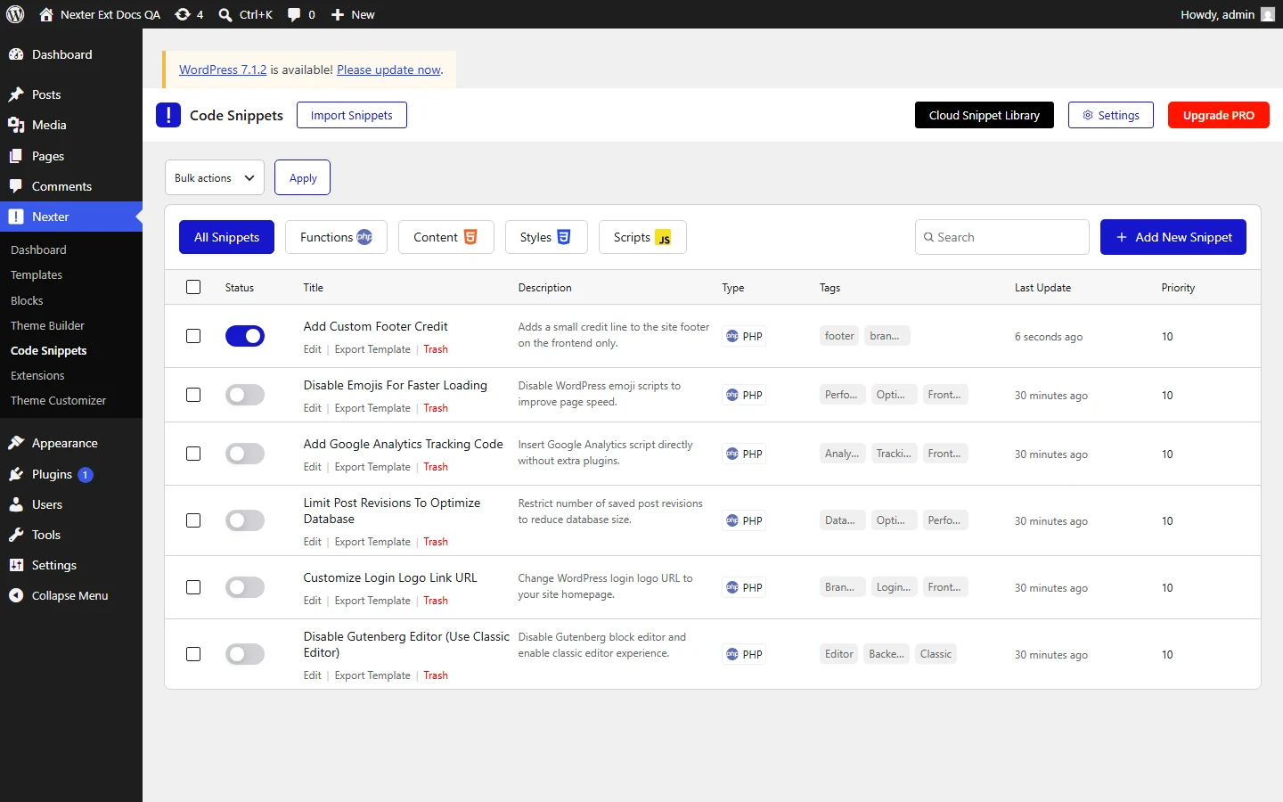 Snippets list showing the new Add Custom Footer Credit snippet
