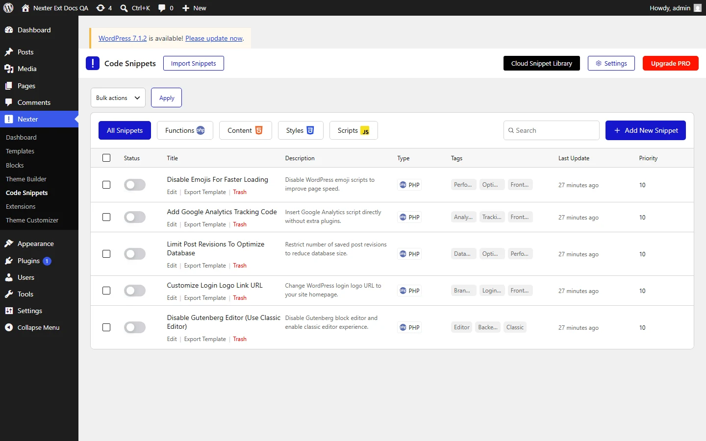 Nexter Code Snippets list with the Add New Snippet button