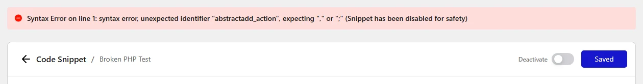 Syntax error message shown at the top of Code Snippets when the PHP code is invalid