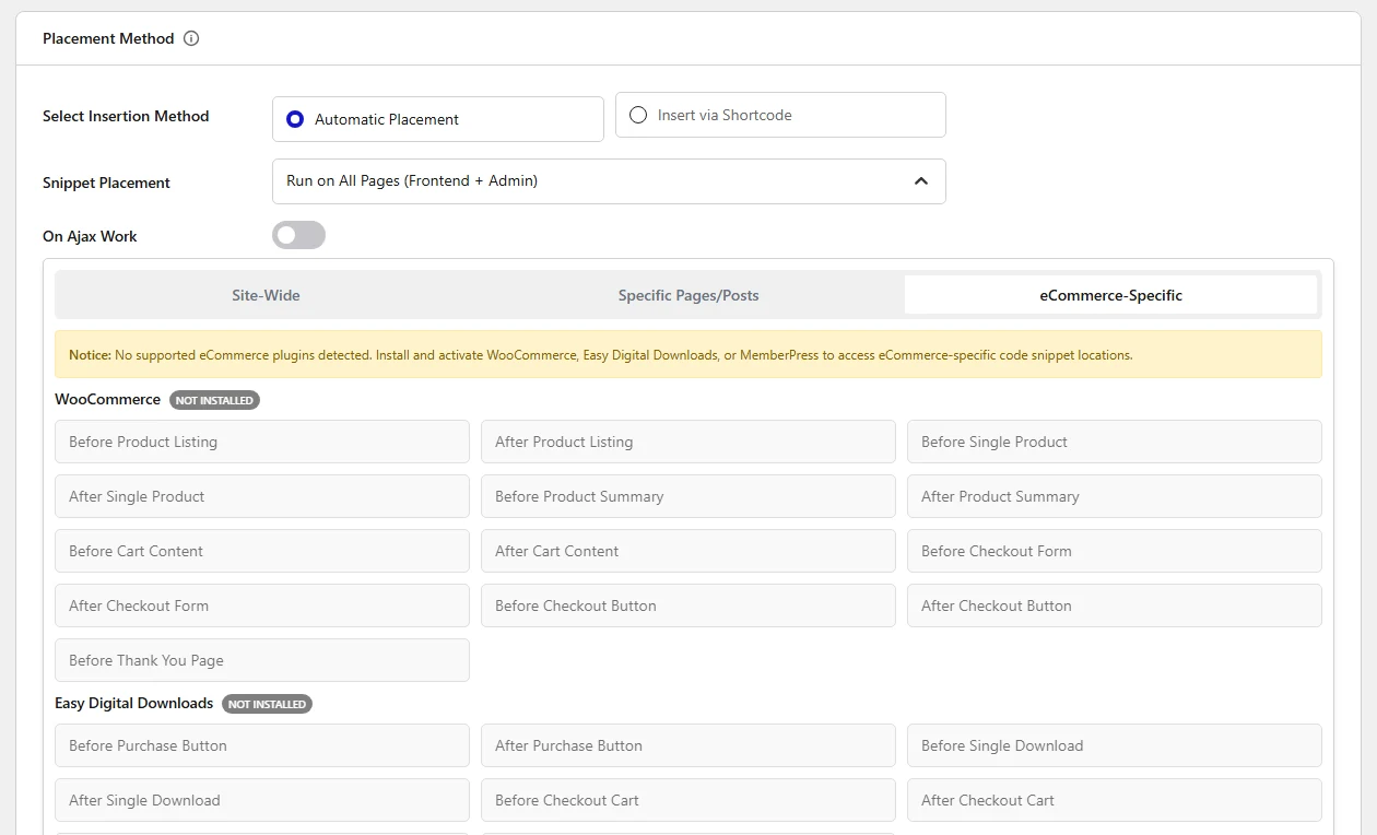 Snippet Placement options on the eCommerce-Specific tab