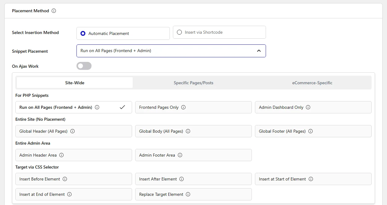 Snippet Placement options on the Site-Wide tab