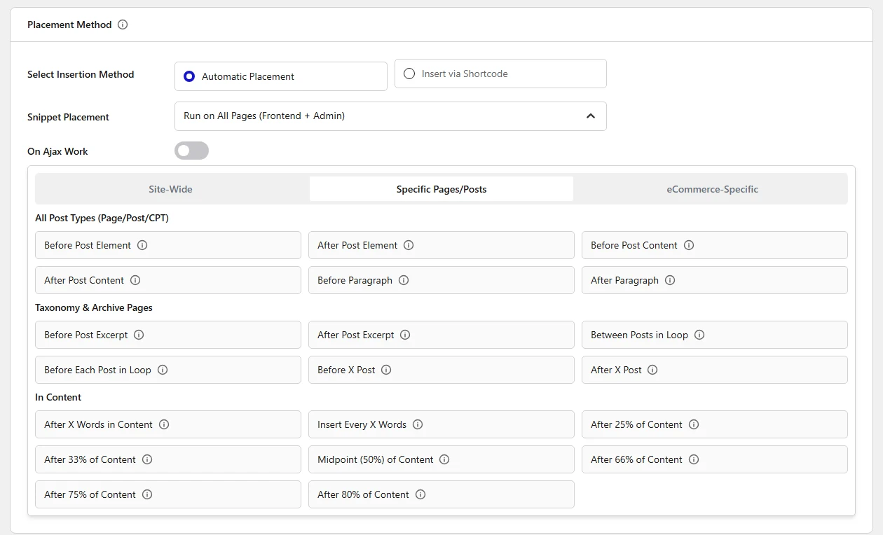 Snippet Placement options on the Specific Pages/Posts tab