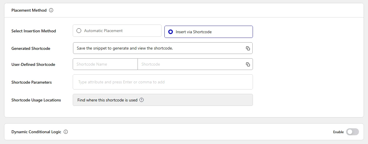 Insert via Shortcode option showing generated and user-defined shortcode fields