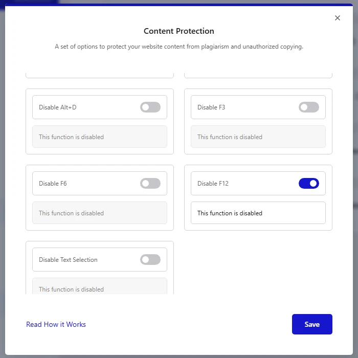 Content Protection keyboard shortcut options including Disable F12 and Disable Text Selection