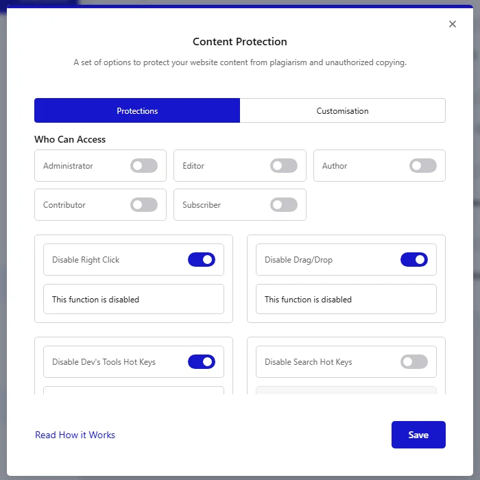 Content Protection dialog with Disable Right Click and Disable Drag/Drop switched on