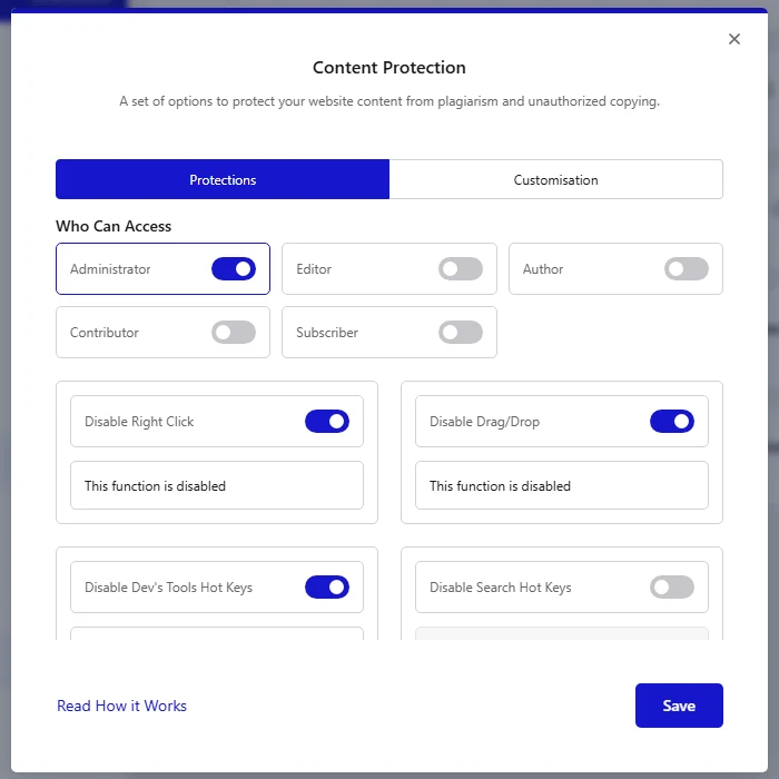 Who Can Access role switches in Nexter Content Protection with Administrator switched on