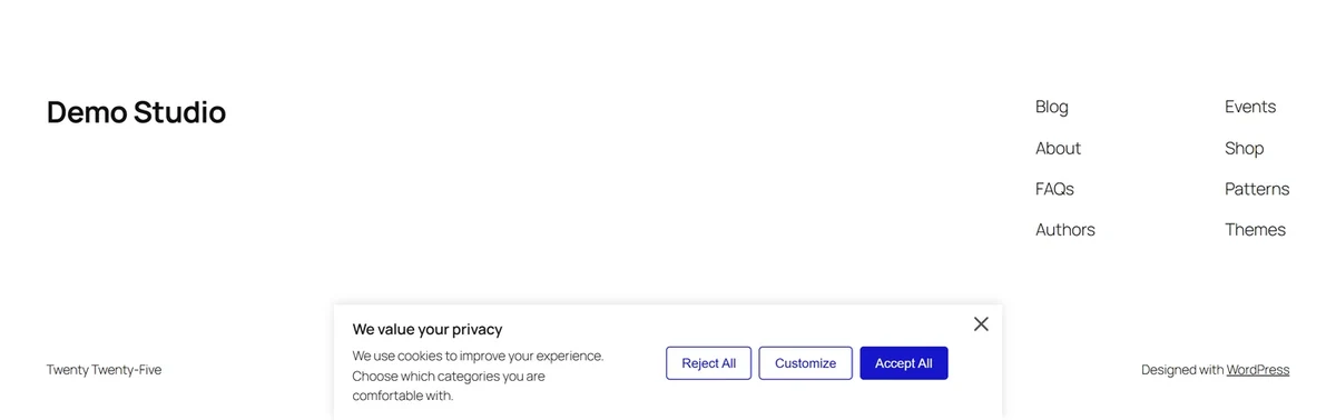 Cookie Consent banner with Reject All, Customize and Accept All buttons on a live page