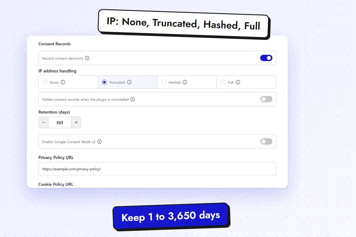 Consent Records settings with IP address handling options and retention in days