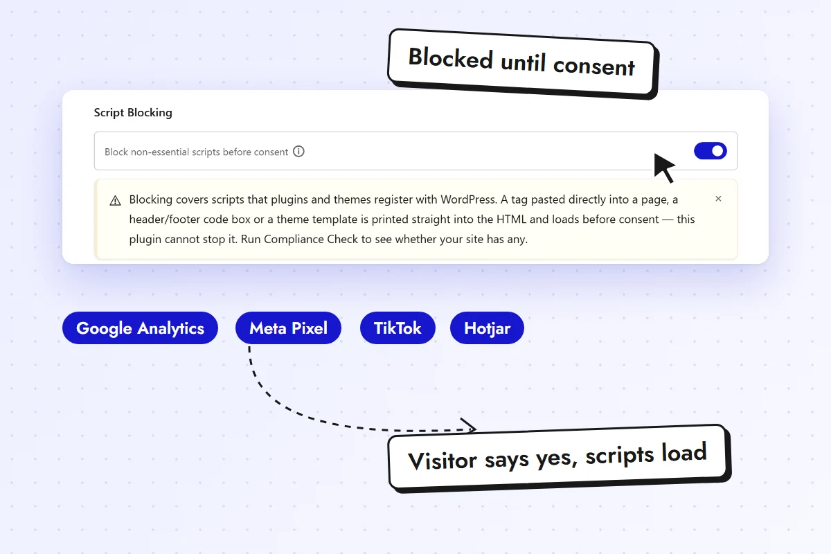 Script blocking switch turned on, with Google Analytics, Meta Pixel, TikTok and Hotjar held until the visitor says yes